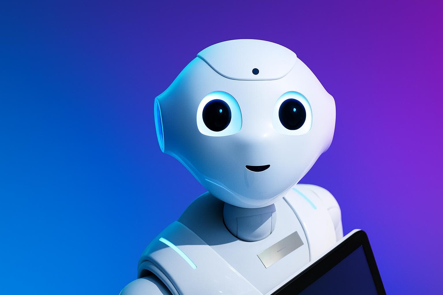 Un rostro androide minimalista iluminado con tonos azules y lilas, representando una identidad digital emergente.